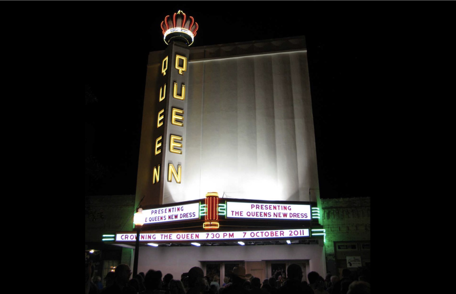 The restored Queen Theatre marquee and crown lit at night for the Crowning the Queen event on October 7, 2011