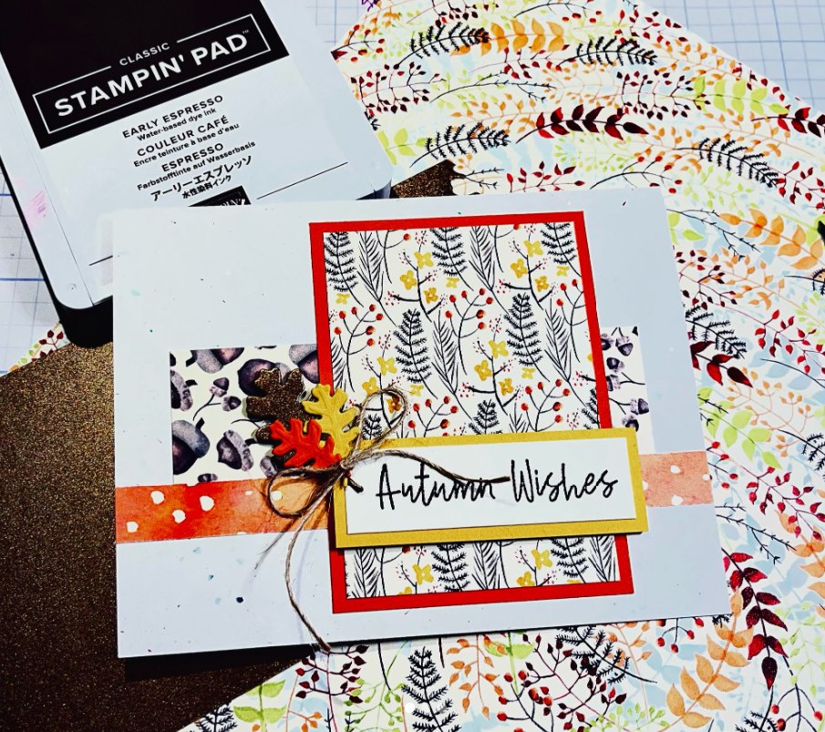 A finished autumn greeting card made at the Tattered Raven cardmaking class
